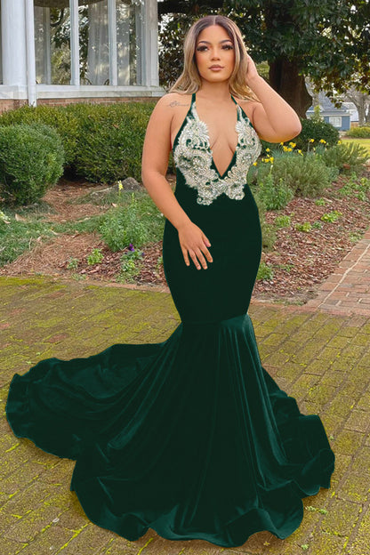 Halter V-Neck Mermaid Prom Dress With Yellow Applique