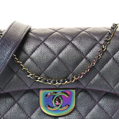 Iridescent Goatskin Quilted Small Double Carry Waist Chain Flap Purple