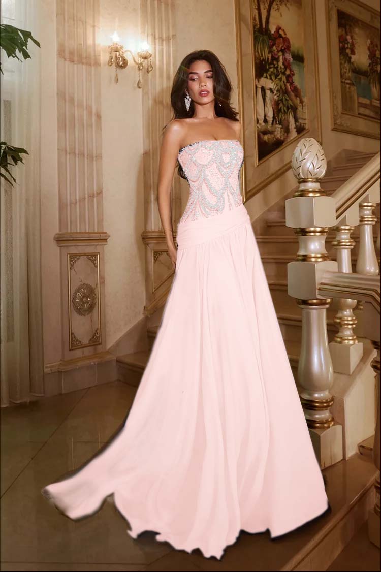 Exquisite DarkNavy Chiffon Sleeveless Strapless Evening Dress with Sequins