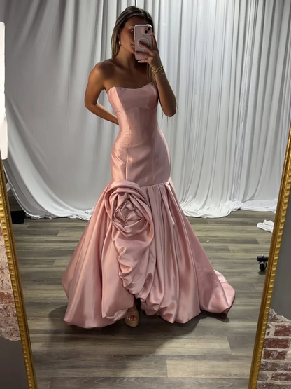 Dreamy Pearl Pink Straight Across Handmade Flower Mermaid Evening Dress