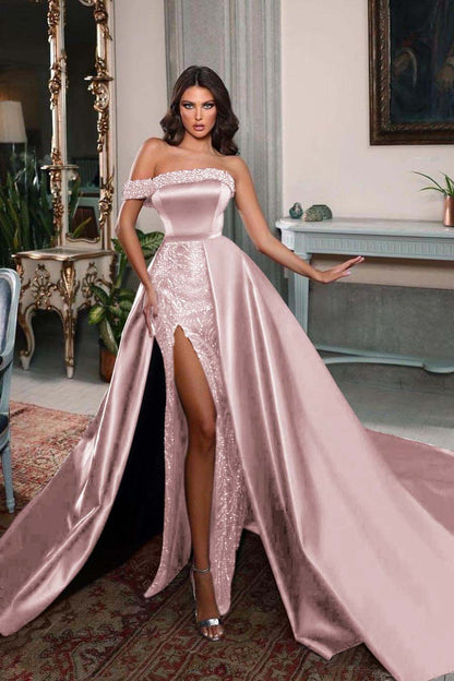 Charming Burgundy Satin One Shoulder Sleeveless Split Long Prom Dress with Beadings
