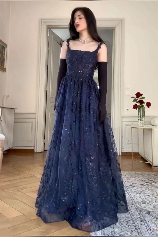 Blue A Line Lace Appliques Prom Dress Elegant Evening Gown fg8512