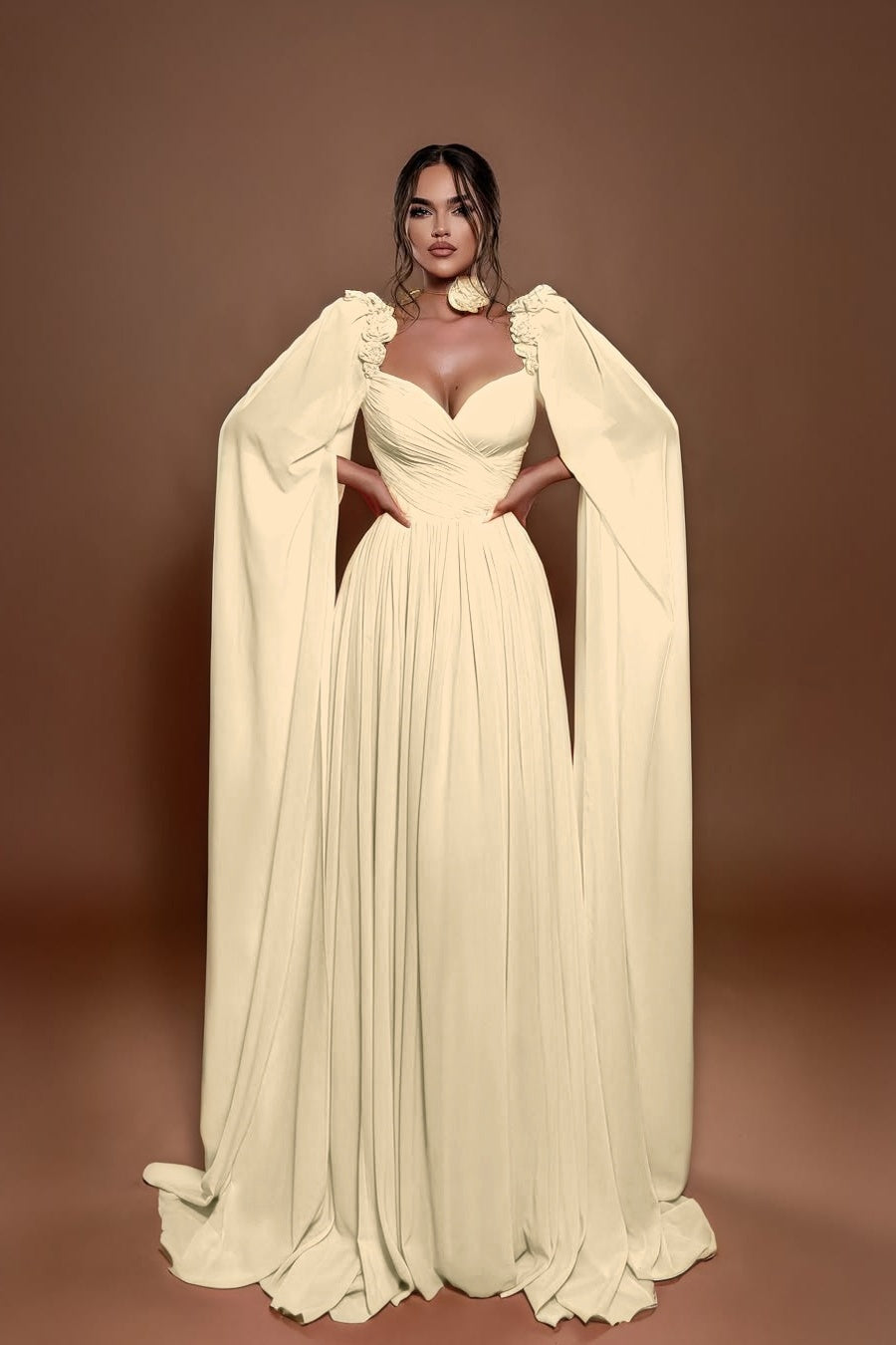 Chic A Line Sleeveless Long Pleated Prom Dress With Shoulder Cape