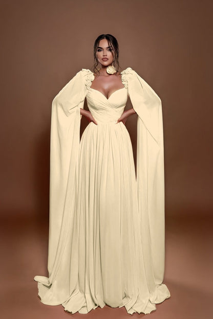 Chic A Line Sleeveless Long Pleated Prom Dress With Shoulder Cape