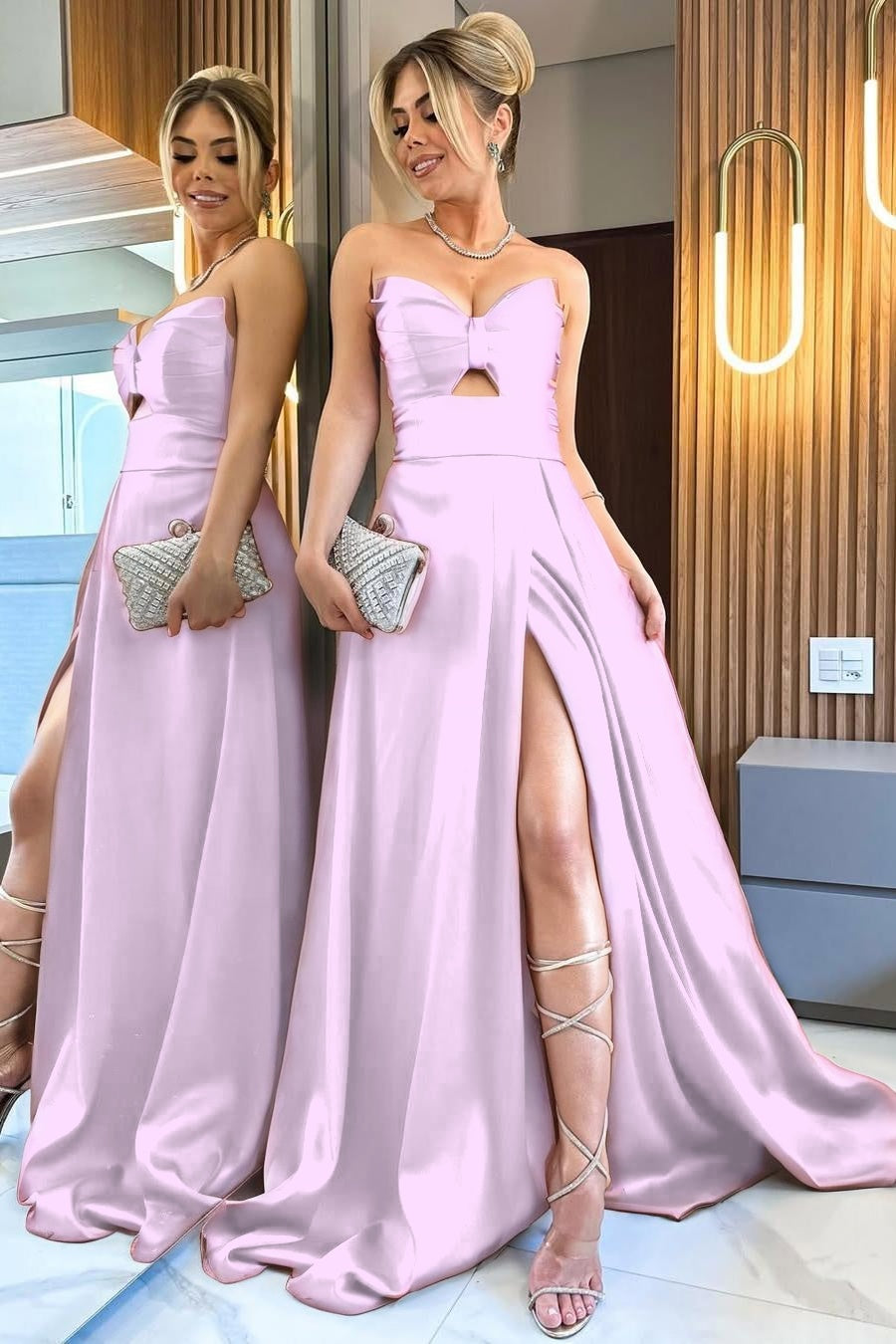 Elegant Satin Sweetheart Sleeveless Strapless Long Pleated Prom Dress with Split