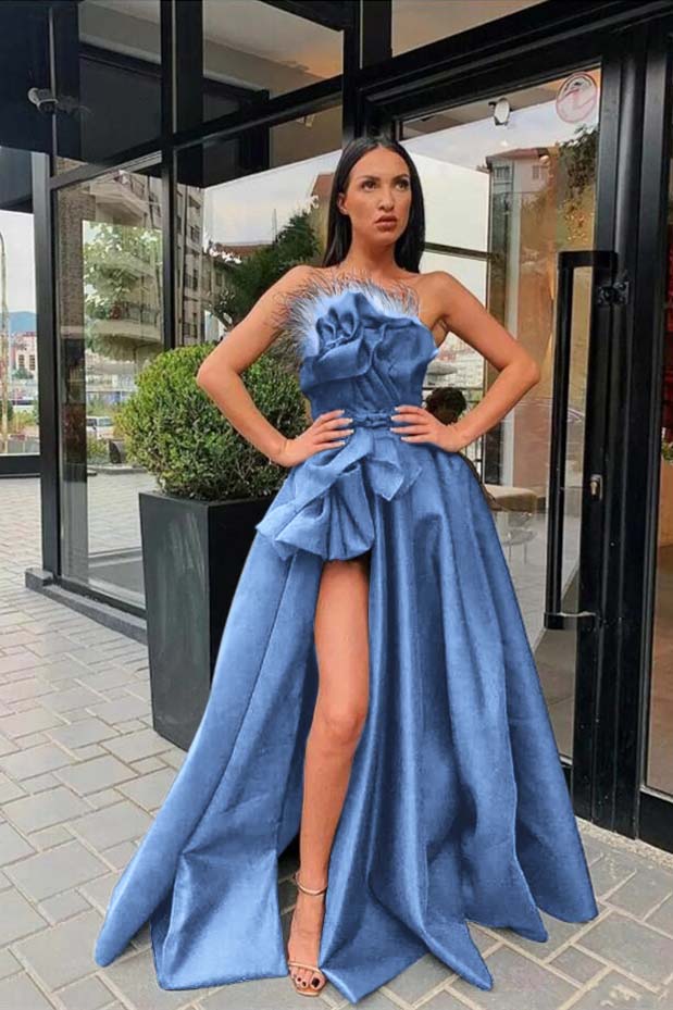 Long Black Prom Dress Slit With Feather