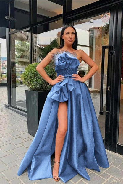 Long Black Prom Dress Slit With Feather