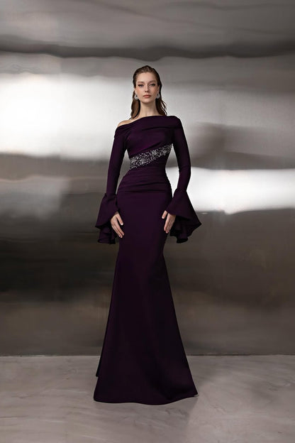 Sophisticated Dark Purple Off Shoulder Prom Dress with Bell Sleeves and Beaded Waistline