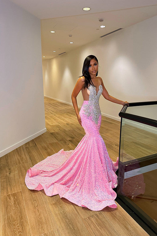 Glamorous Sliver And Pink V-Neck Mermaid Prom Dress  Sleeveless Leaky Back
