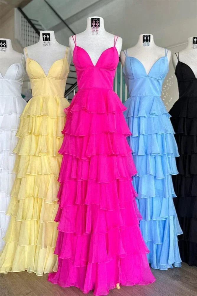 V-Neck Spaghetti Straps Chiffon A-Line Tiered Party Prom Dress