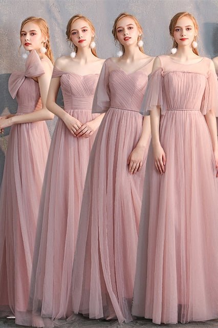 6 Style Blush Pink Tulle Long Mismatch Bridesmaid Dresses