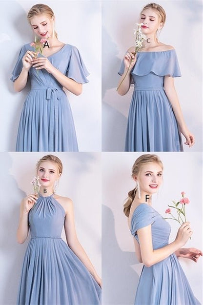 6 Styles Blue Chiffon Long Bridesmaid Dresses