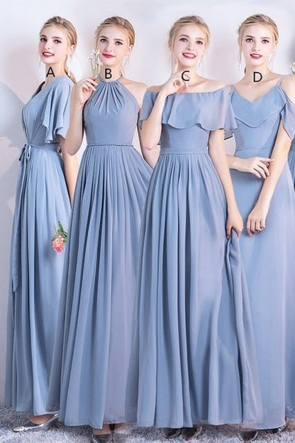 6 Styles Blue Chiffon Long Bridesmaid Dresses