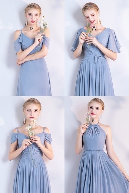 6 Styles Blue Chiffon Long Bridesmaid Dresses