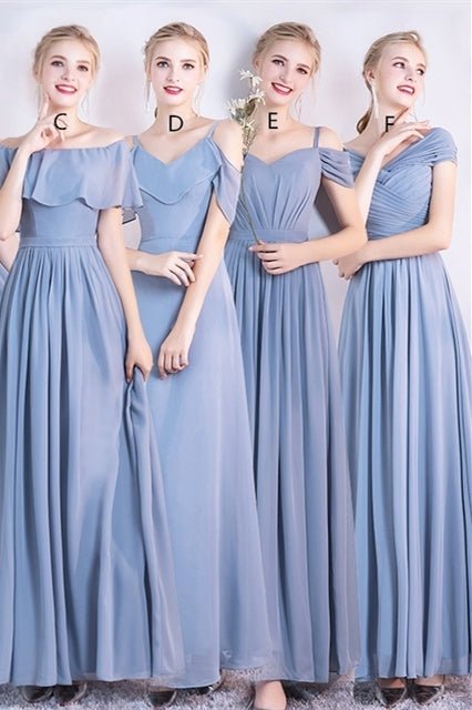 6 Styles Blue Chiffon Long Bridesmaid Dresses