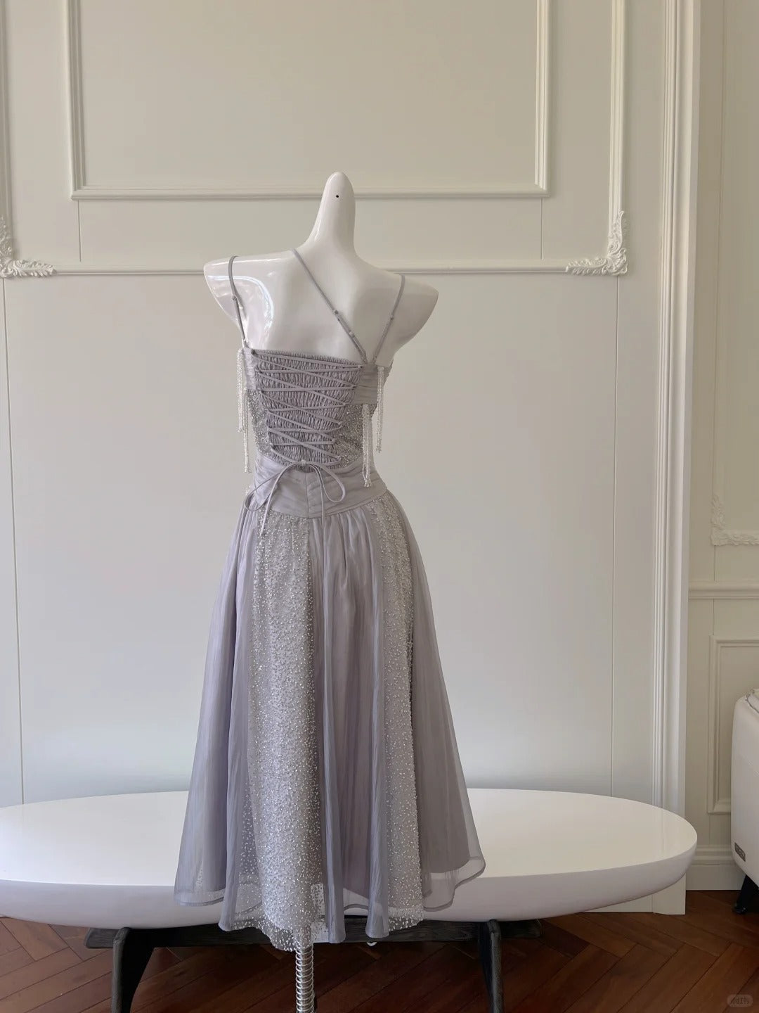Sparkling A-line Strap Sequined Tassel Tulle Long Prom Dress Evening Dress P4060
