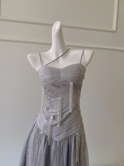 Sparkling A-line Strap Sequined Tassel Tulle Long Prom Dress Evening Dress P4060