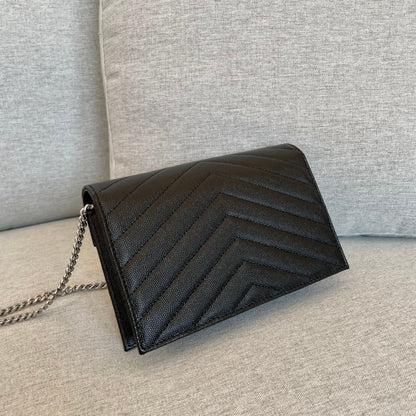 YSL  Cassandre Envelope Chain Wallet Black Grain Leather 19x11.5x4 cm
