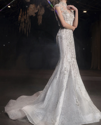 Princess Mermaid Strapless Neckline Sequin White Tulle Wedding Dresses SD1753