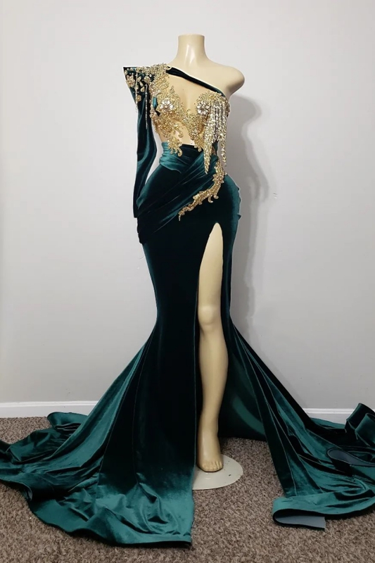 Dark Green One Shoulder Long Sleeve Dress Mermaid Beades With Slit