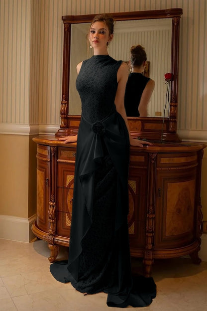High Neck Sleeveless Mermaid Evening Dress With Lace Embroidery