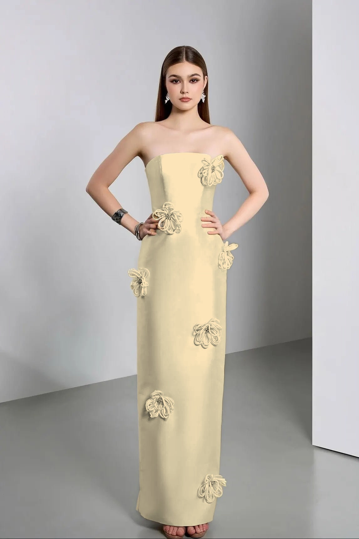 Elegant Ivory Strapless Evening Dress Column Floor Length in Satin with Flower