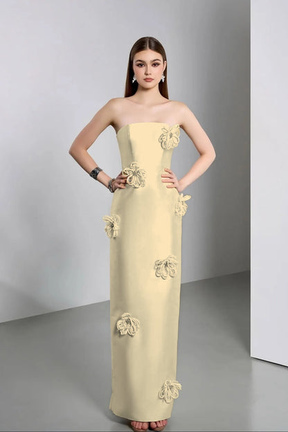 Elegant Ivory Strapless Evening Dress Column Floor Length in Satin with Flower