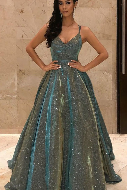 Shinning Spaghetti-Straps V-Neck Sequins Long Sleeveless  Prom Dress