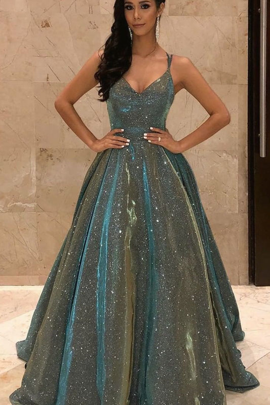 Shinning Spaghetti-Straps V-Neck Sequins Long Sleeveless  Prom Dress