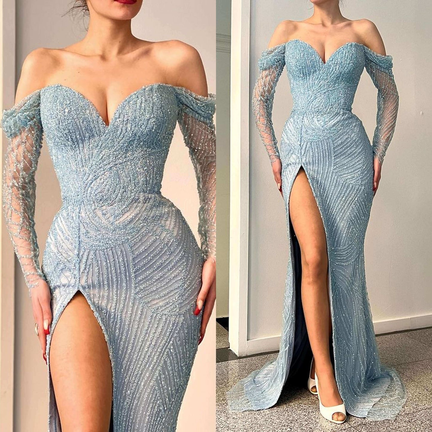Gorgeous Off-the-shoulder Long Sleeves Sweetheart Mermaid Evening Dress with Beadings