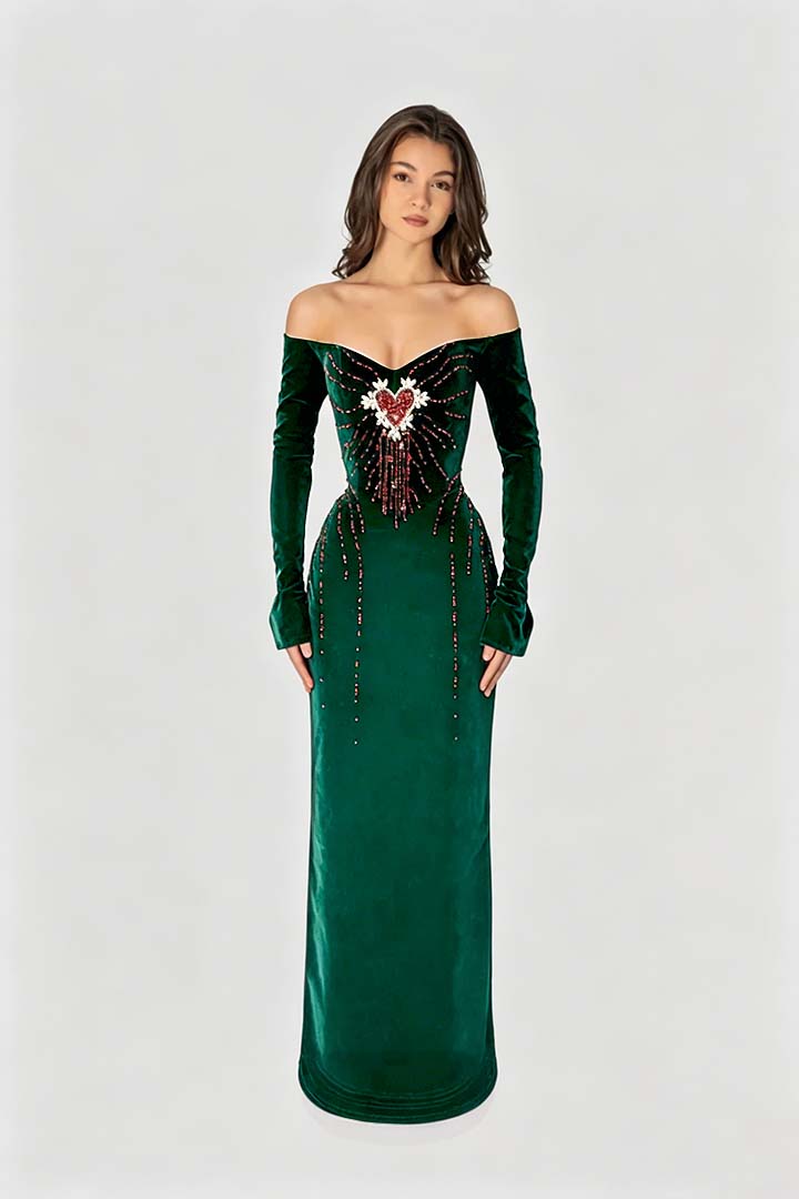 Enchanting Black Velvet Long Sleeves Strapless Evening Dress with Rhinestone