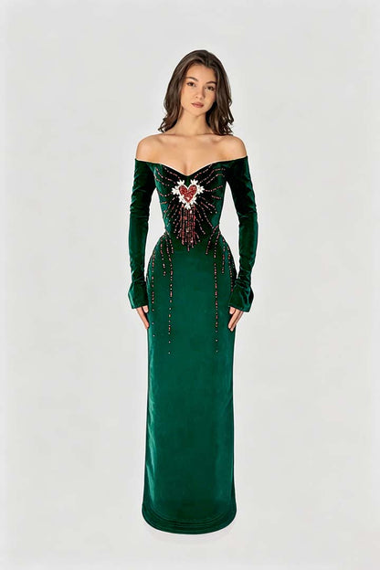 Enchanting Black Velvet Long Sleeves Strapless Evening Dress with Rhinestone