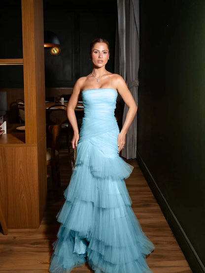 Stunning Straight Across Sleeveless Pleated Tulle Mermaid Evening Dress
