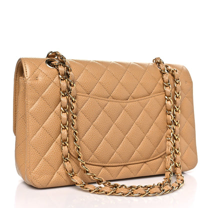 Caviar Quilted Medium Double Flap Beige