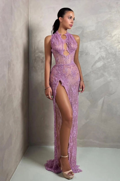 Pink Halter Long Mermaid Prom Dress with Slit