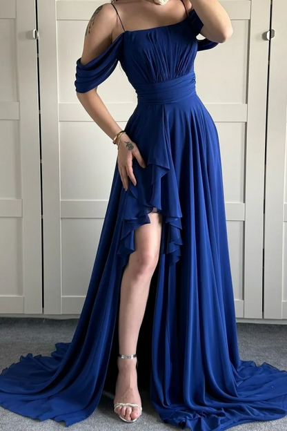 Royal Blue Elegant Split Spaghetti-Straps Off-The-Shoulder Prom Dress