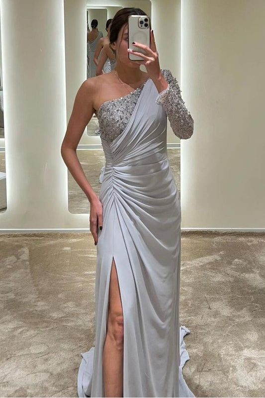 Exquisite Satin One Shoulder Long Sleeves Long Split Prom Dress with Beadings
