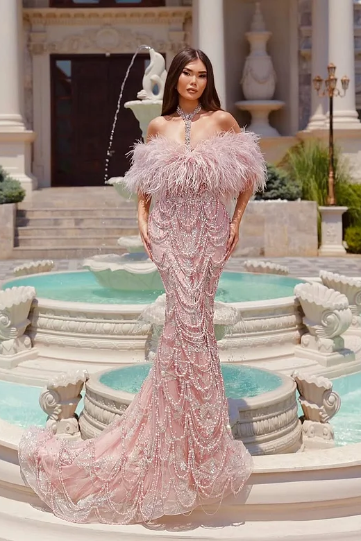Pink Sleeveless Halter Straps Beads Mermaid Prom Dress With Plume
