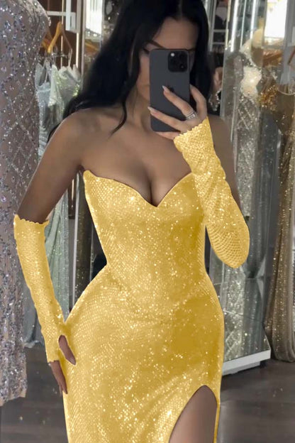 Burgundy Sleeveless Strapless Sequins Mermaid Prom Dress With Gloves