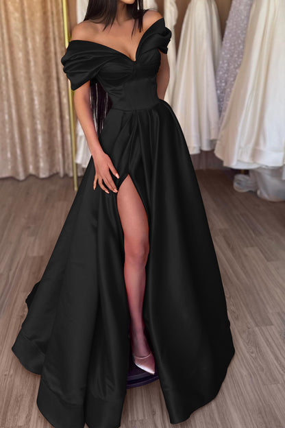 A-Line Fuchsia Portrait Prom Dress With Slit