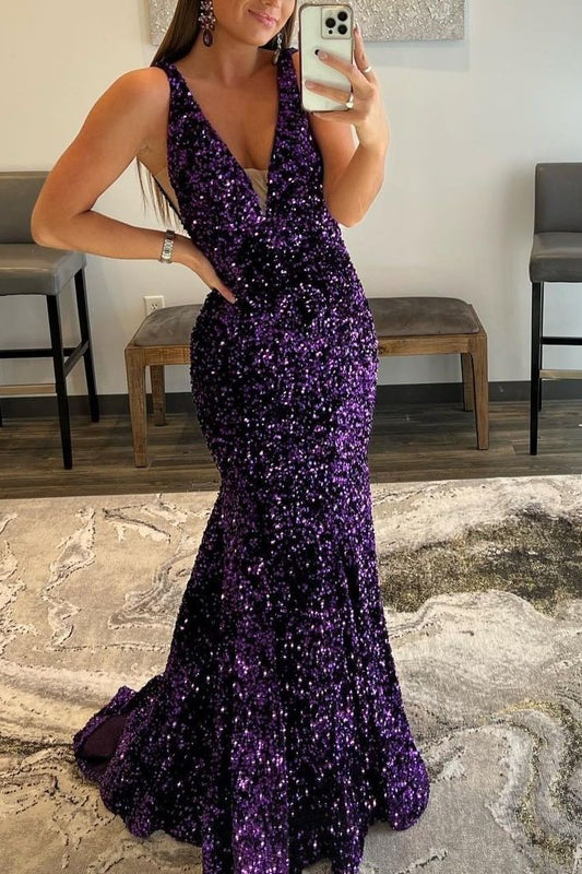 V-Neck Purple Long Mermaid Prom Dress With Sequins