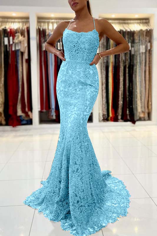 Gold Appliques Long Halter Straps Mermaid Evening Dress