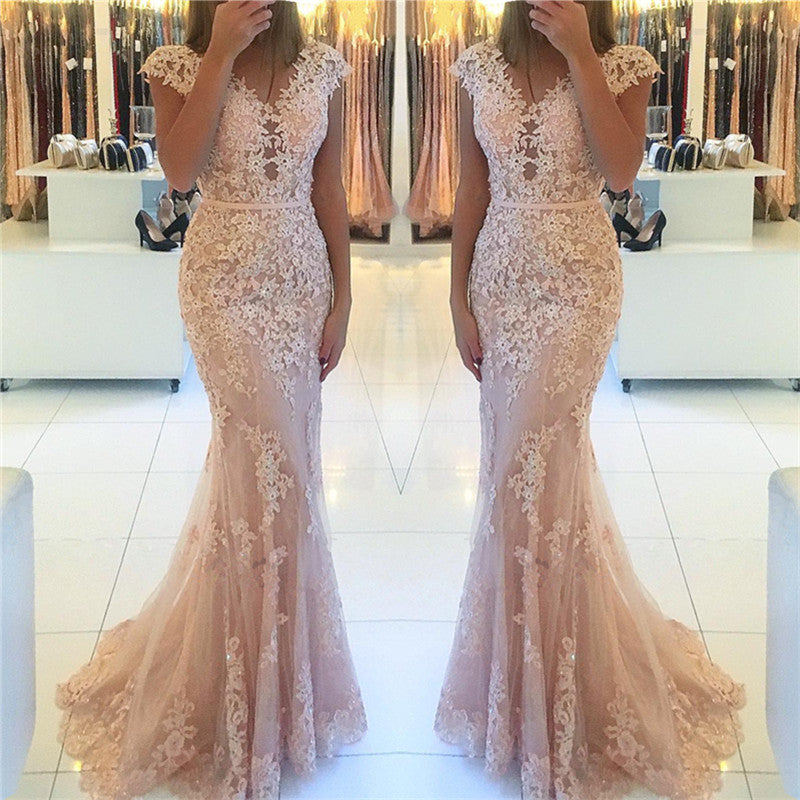 Appliques Mermaid Cap Sleeve Prom Dress