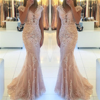 Appliques Mermaid Cap Sleeve Prom Dress