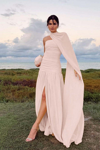 Elegant Daffodil Chiffon Strapless Sleeveless Split Prom Dress with Scarf