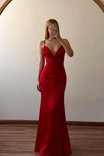 Red Sleeveless Spaghetti Straps V-Neck Mermaid Prom Dress