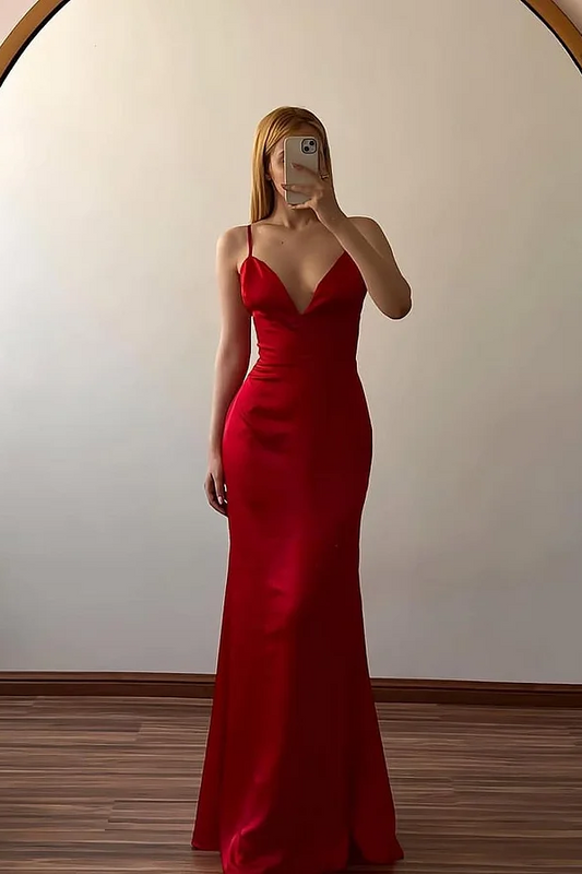 Red Sleeveless Spaghetti Straps V-Neck Mermaid Prom Dress