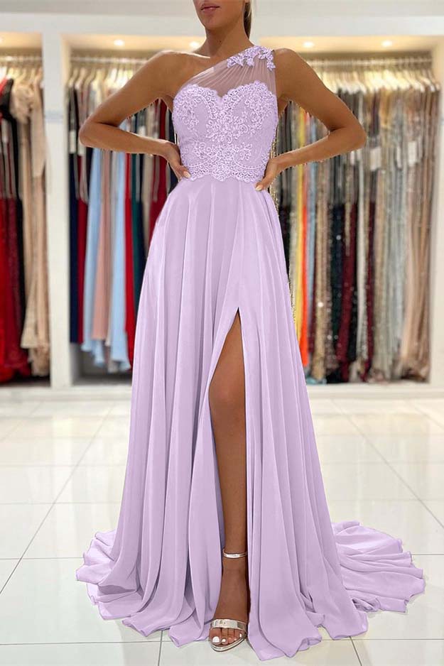Glamorous One Shoulder Lace Appliques Prom Dress Front Slit
