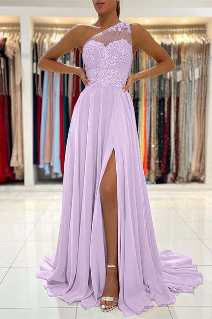 Glamorous One Shoulder Lace Appliques Prom Dress Front Slit