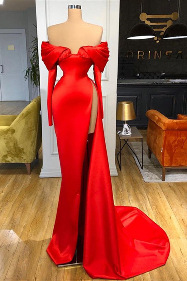 Long Sleeves Red Split Prom Dress Off-The-Shoulder Mermaid